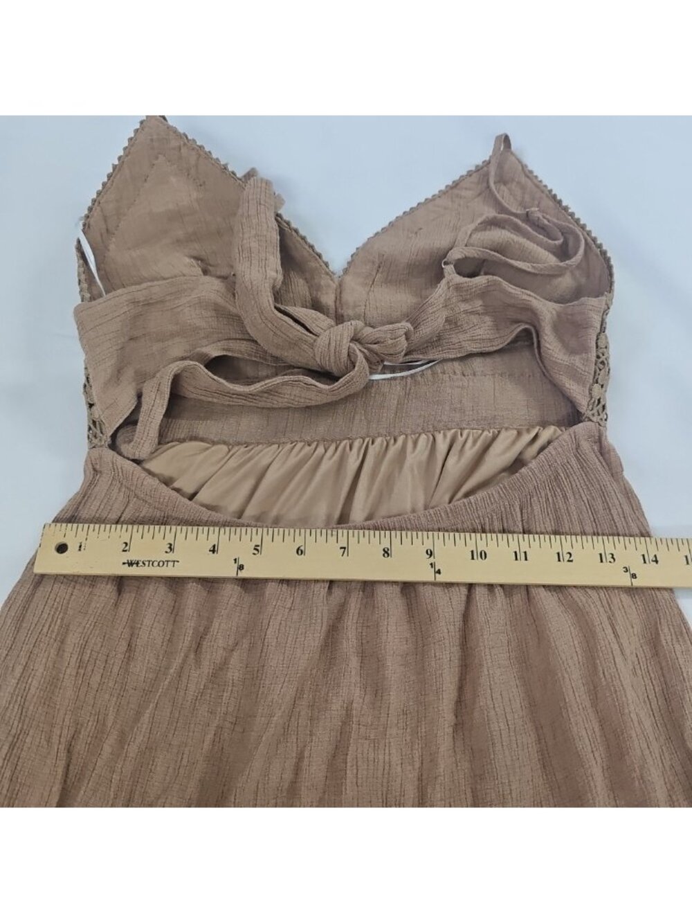 Love Tree Boho Maxi Dress L Beige Open Back Crochet Festival Beach Cottagecore - Picture 16 of 16